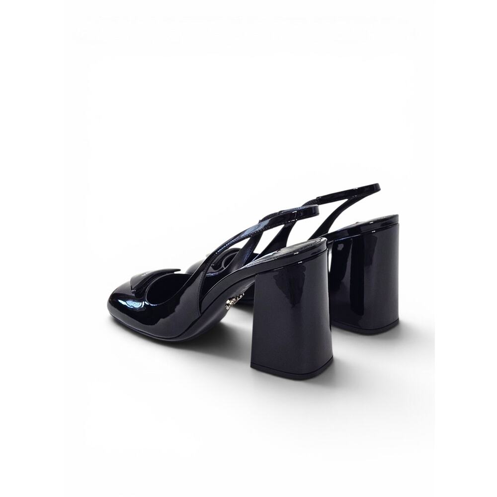 Prada Vernice Black Patent Leather Slingback Block Heel Pumps Triangle Logo 38 - Picture 6 of 11